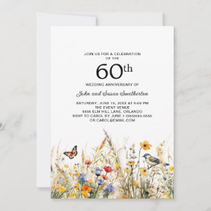 Wildflowers Birds Butterflies 60th Anniversary Invitation
