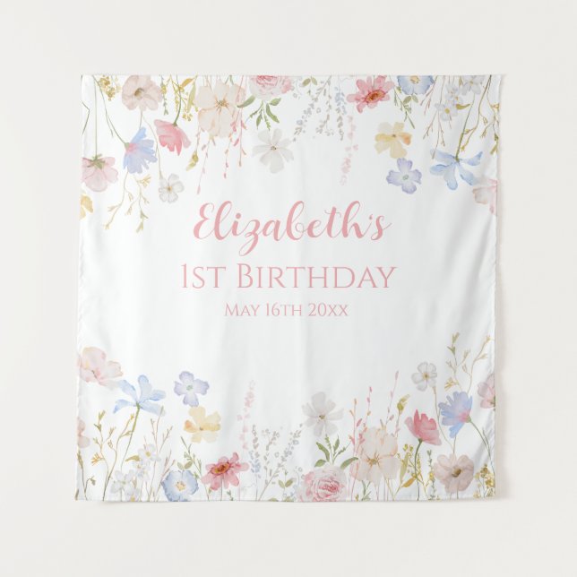 WILDFLOWERS Birthday party Backdrop banner Tapestry (Front)