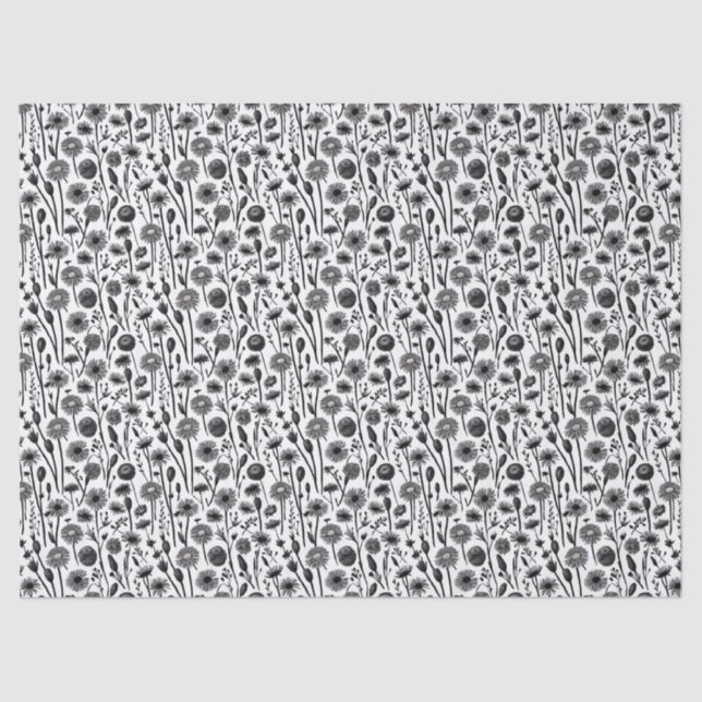 Wildflowers Black and White Minimalist Pattern Tissue Paper (Front)
