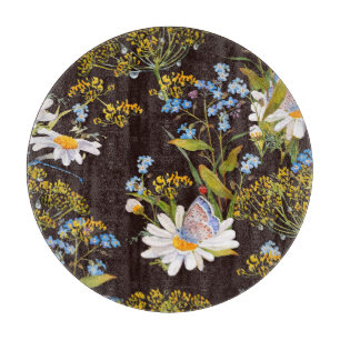 Wildflowers: black background watercolor cutting board