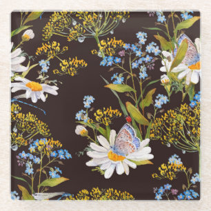 Wildflowers: black background watercolor glass coaster