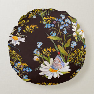 Wildflowers: black background watercolor round cushion