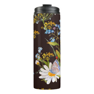 Wildflowers: black background watercolor thermal tumbler