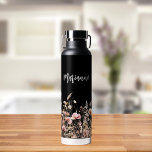 Wildflowers black beige custom name script water bottle<br><div class="desc">Black background. Decorated with wildflowers in beige,  cream and pink.  Personalise and add your name. White handwritten style script.</div>