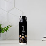 Wildflowers black custom name script water bottle<br><div class="desc">A black coloured background. Decorated with wildflowers in yellow and purple.  Personalise and add your name.   White handwritten style script.</div>