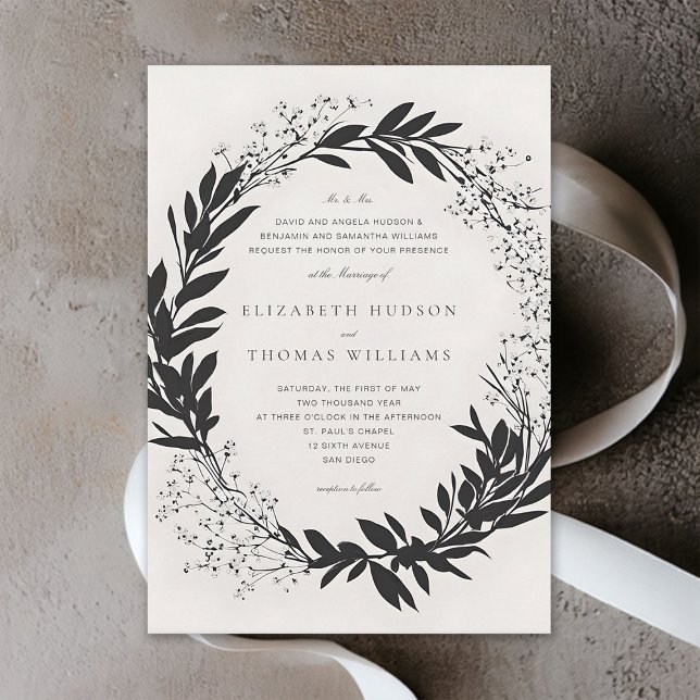 Wildflowers Black Ivory Modern Formal Wedding Invitation (wildflowers wedding invitation black and white floral wreath formal elegant modern typography)