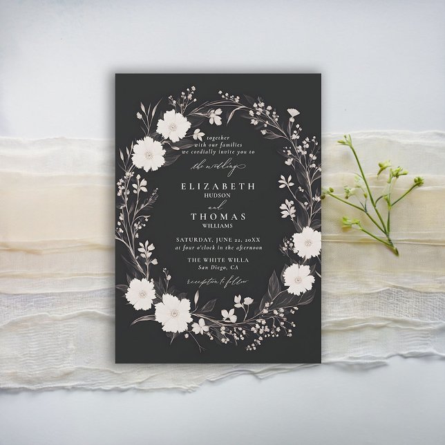 Wildflowers Black White Bold Chic Elegant Wedding Invitation (wildflowers wedding invitation black and white floral wreath formal elegant modern romantic boho)
