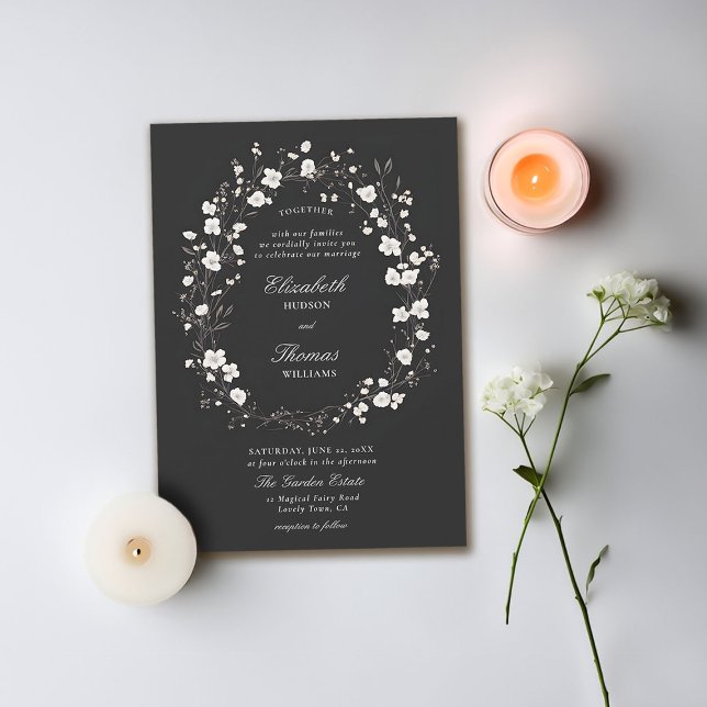 Wildflowers Black White Formal Elegant Wedding Invitation (wildflowers wedding invitation black and white formal elegant traditional calligraphy modern classic)