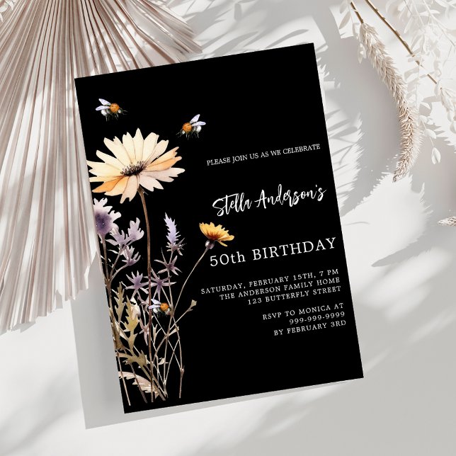 Wildflowers black yellow purple luxury birthday invitation (Creator Uploaded)