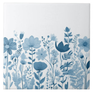 Wildflowers - Blue and White Floral Flowers Tile