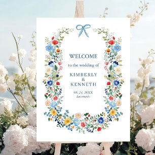 Wildflowers Blue Bow Elegant Wedding Welcome Poster