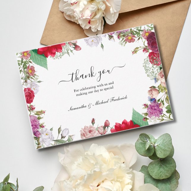 Wildflowers Boho Wedding Thank you cards (Wildflower wedding thank you card. Elegant script calligraphy)