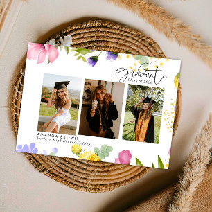 Wildflowers Bold Three Photo Graduation 2025  Invitation