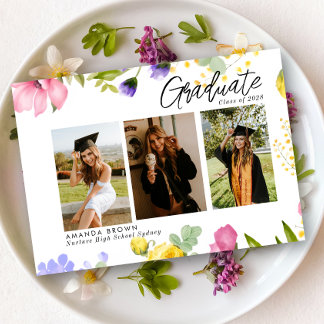 Wildflowers Bold Three Photo Graduation 2025 Invitation