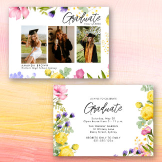 Wildflowers Bold Three Photo Graduation 2025 Invitation