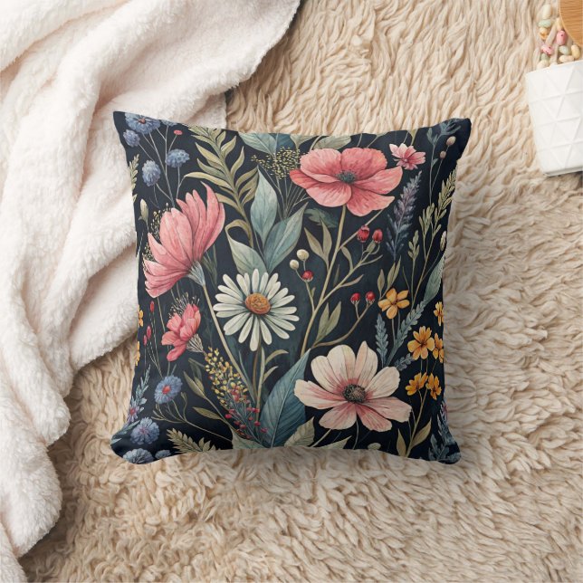 Wildflowers Botanical Inspiration Black Cushion (Blanket)
