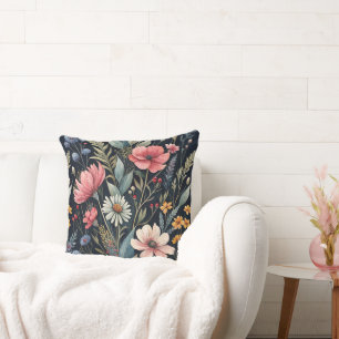 Wildflowers Botanical Inspiration Black Cushion