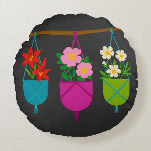 WILDFLOWERS: Botanical Trio in Hanging Planters Round Cushion