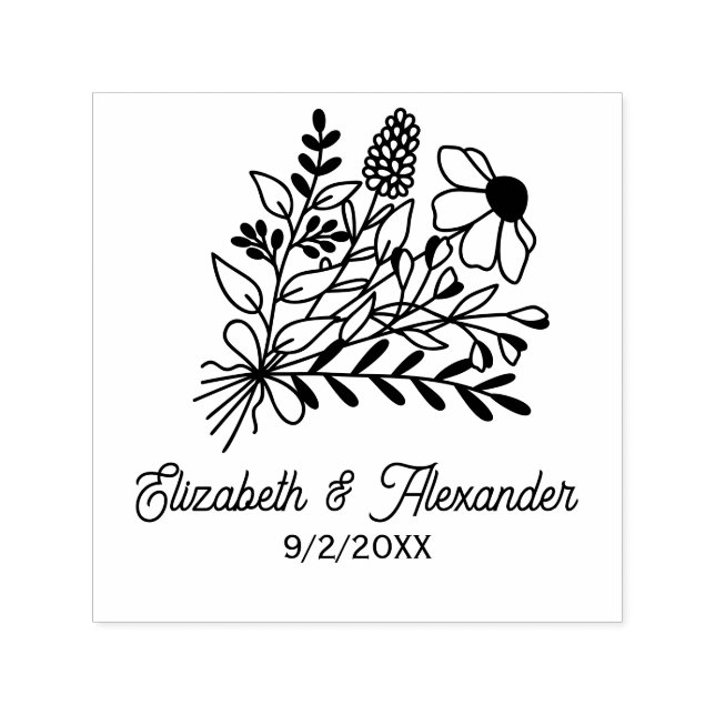 Wildflowers Bouquet #1L Wedding Couple Names Date Self-inking Stamp (Design)
