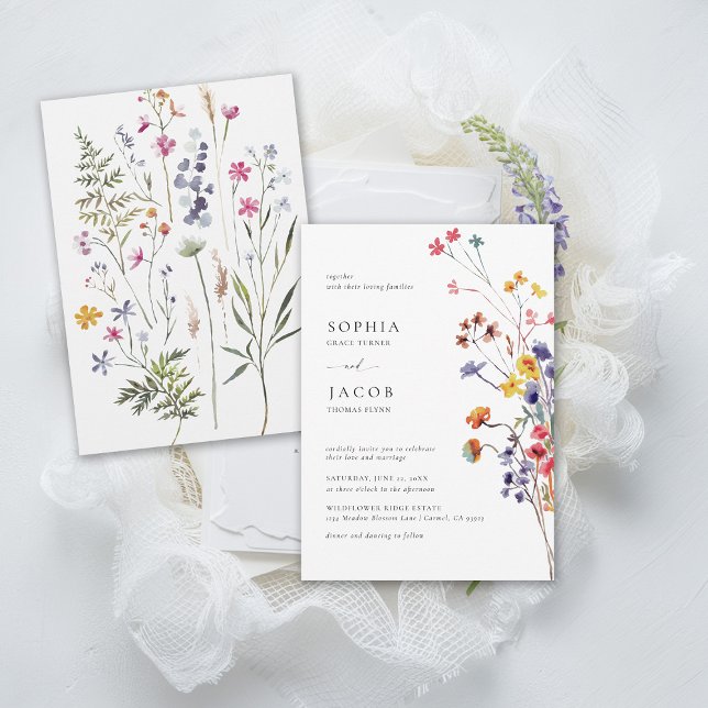 Wildflowers Bouquet Happy Colourful Modern Wedding Invitation (wildflower wedding theme colorful frame invitation garden outdoors meadow forest spring summer fall)