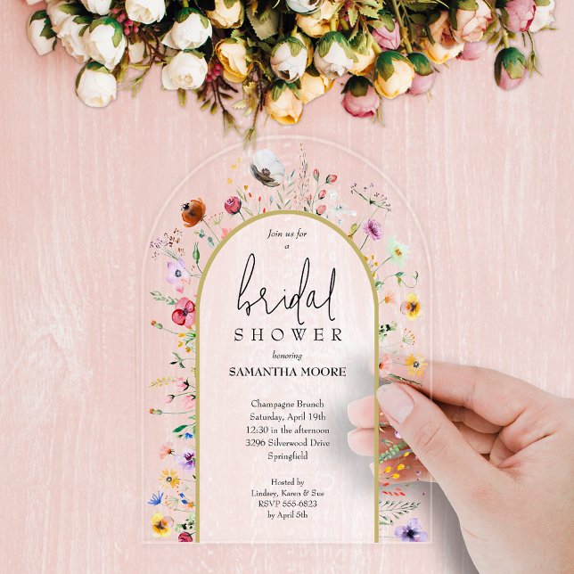 Wildflowers Bridal Shower Acrylic Invitation (Wildflowers bridal shower arch-top acrylic invitations - order clear or frosted)