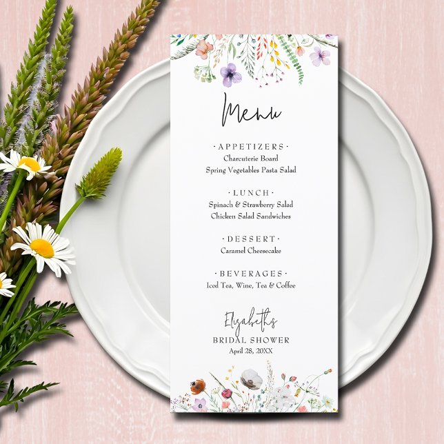 Wildflowers Bridal Shower Menu (Wildflowers bridal shower menu cards)