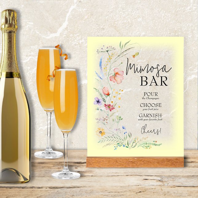 Wildflowers Bridal Shower Mimosa Bar Acrylic Sign (Wildflowers Bridal Shower Mimosa Bar Clear Acrylic Sign with yellow border)