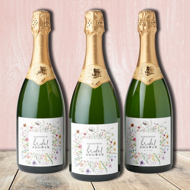 Wildflowers Bridal Shower Sparkling Wine Label (Wildflowers bridal shower personalized champagne bottle labels)