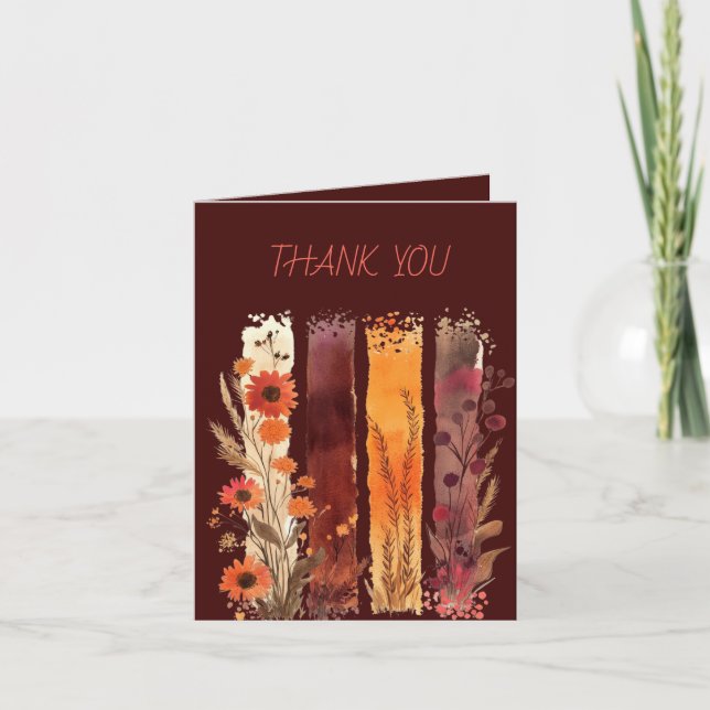 Wildflowers Brushstrokes Burgundy Gold Yellow Thank You Card (Front)