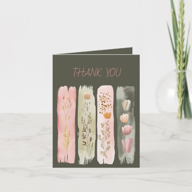 Wildflowers Brushstrokes Sage Pink Green Thank You Card (Front)