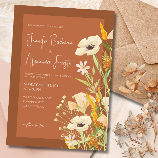 Wildflowers Burnt Orange Rust Terracotta Wedding Invitation (Creator Uploaded)