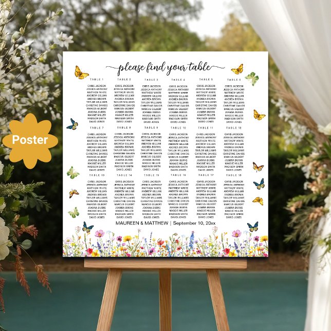 Wildflowers Butterflies 18 Tables Wedding Seating Poster (Creator Uploaded)