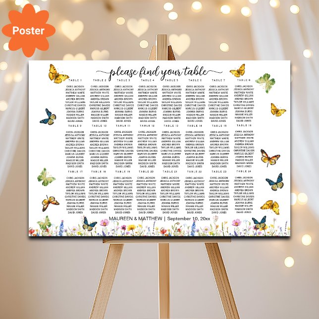 Wildflowers Butterflies 24 Tables Wedding Seating Poster (Creator Uploaded)