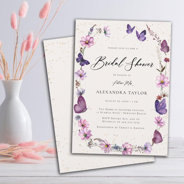 Wildflowers Butterflies Boho Ivory Bridal Shower Invitation (wildflowers boho frame butterflies pink purple bridal shower invitation elegant rustic modern ivory)