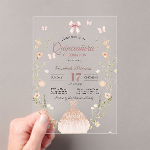 Wildflowers Butterflies Dress Bow Quinceanera Acrylic Invitations