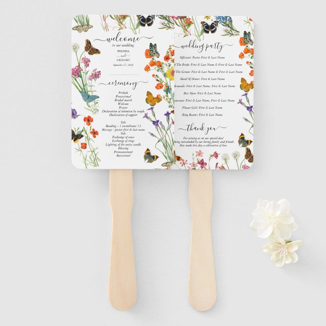 Wildflowers Butterflies Floral Wedding Program Hand Fan (Front and Back)