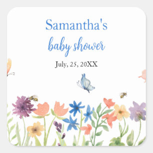 wildflowers butterflies garden blue baby shower square sticker