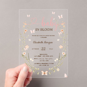 Wildflowers Butterflies Pink Stripes Baby Shower Acrylic Invitations
