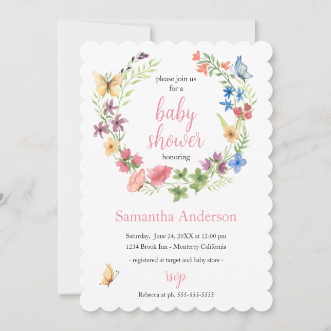 Wildflowers Butterflies Watercolor Baby Shower Invitation (Front)