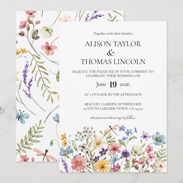 Wildflowers butterfly and dragonfly Wedding  Invitation (Front/Back)