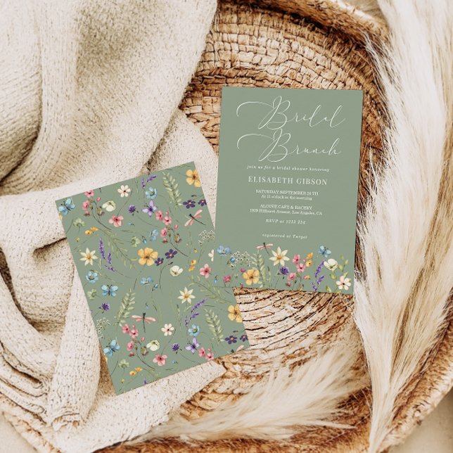 Wildflowers & Butterfly Sage Green Bridal Brunch Invitation (Creator Uploaded)