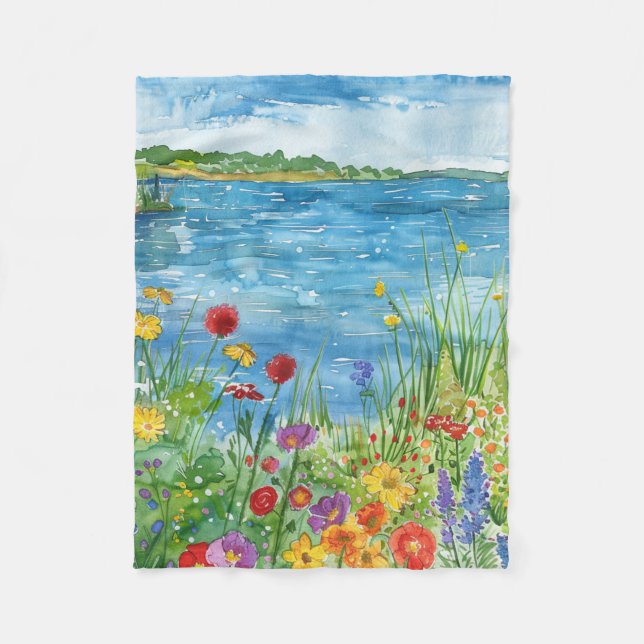 Wildflowers by a Lake Fleece Blanket (Front)