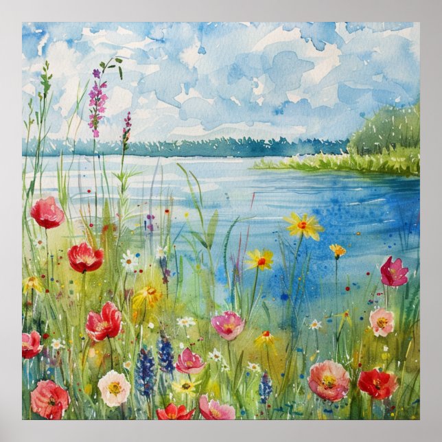 Wildflowers by a Lake Poster (Front)