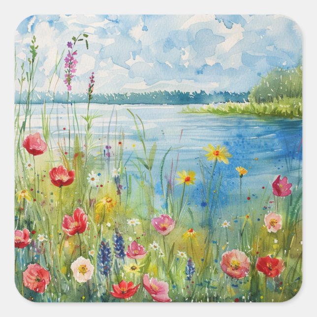 Wildflowers by a Lake Square Sticker (Front)