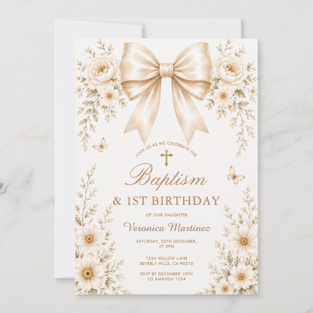 Wildflowers Champagne Bow Baptism & First Birthday Invitation (Front)