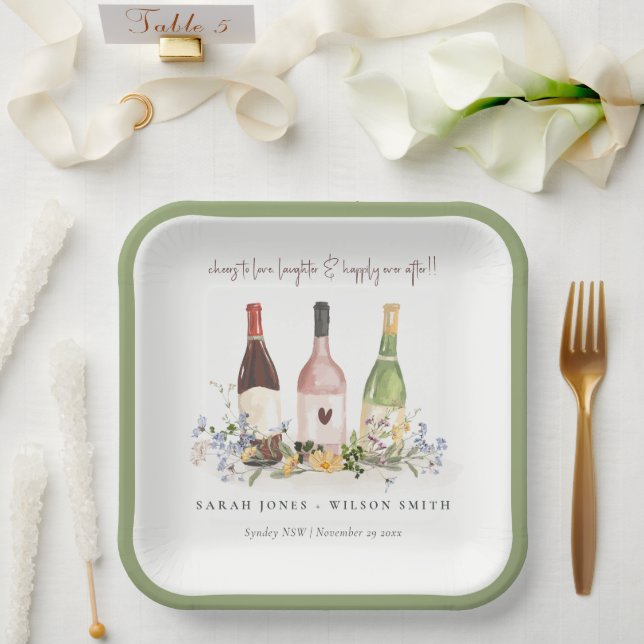 Wildflowers Cheers to Love Wine Bottles Wedding Paper Plate (Wedding)