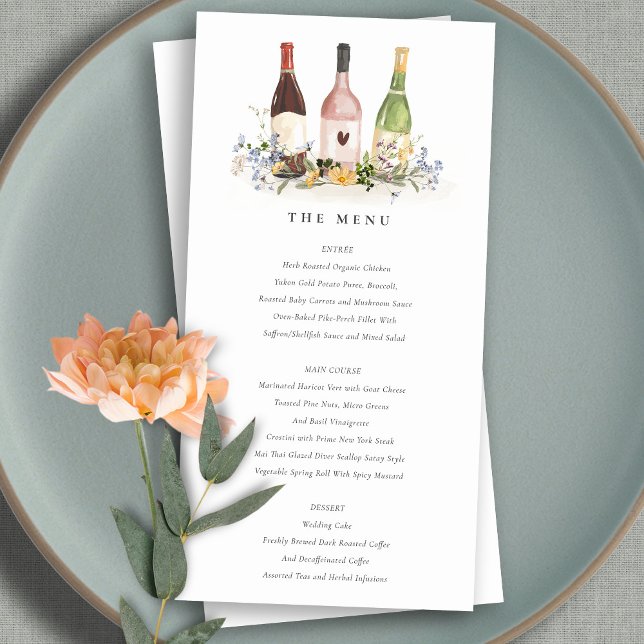 Wildflowers Cheers Wine Bottles Wedding Menu Card (Creator Uploaded)