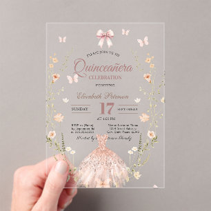 Wildflowers Chic Glitter Dress Bow Quinceanera Acrylic Invitations