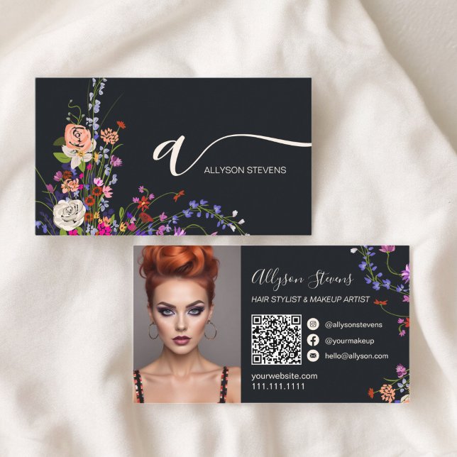 Wildflowers chic hair makeup photo initial qr code business card (Wildflowers chic hair makeup photo initial qr code business card on gray)