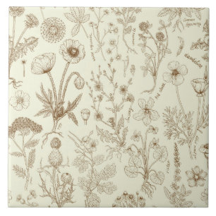 Wildflowers collage/ beige and sepia tile